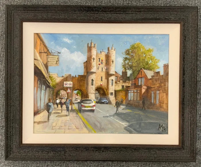 Micklegate Bar, Oil on Board, framed in a wide distressed black frame, by Anthony Marn