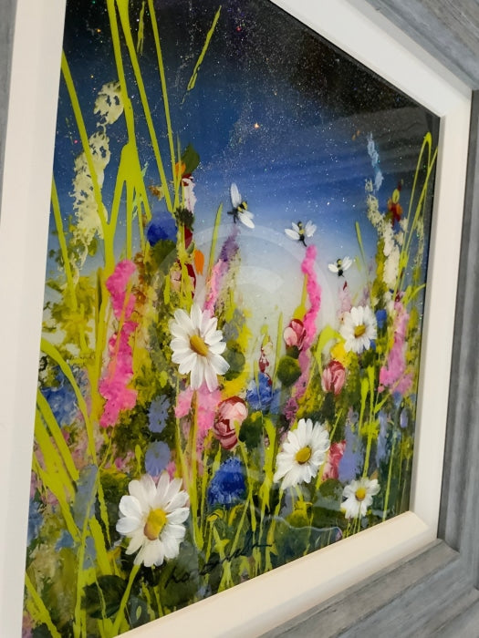 Mixed media painting with glossy resin finish. Moonlight Meadow l by Rozanne Bell