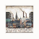 A Northern Saturday by Sean Durkin — figures crossing a busy northern town street beneath a clock tower, with terraced rooftops, shopfronts and smoking mill chimneys in the background