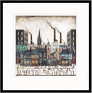 A Northern Saturday by Sean Durkin — figures crossing a busy northern town street beneath a clock tower, with terraced rooftops, shopfronts and smoking mill chimneys in the background