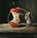 An Apple a Day by Anthony Marn — endearing little mouse holding a morsel beside a well-nibbled red apple core on a rustic wooden ledge, softly lit against a dark background