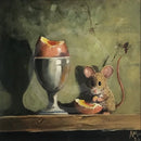 Egg in a Cup by Anthony Marn — close-up of a bright-eyed mouse nibbling egg beside a silver-coloured egg cup and broken brown eggshell on a wooden ledge, against a textured olive-green wall with deep shadows