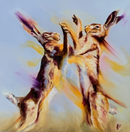 Fury by Rosie Smith — two boxing hares with raised forepaws and long swept-back ears, painted in gold, cream, brown and purple against a pale blue background