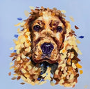 Golden Gaze by Rosie Smith — golden spaniel with large dark eyes and long curling ears, painted in honey-gold, cream and chestnut brushstrokes against a pale blue background