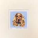 Golden Gaze by Rosie Smith — golden spaniel with large dark eyes and long curling ears, painted in honey-gold, cream and chestnut brushstrokes against a pale blue background
