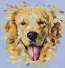 Golden Spirit by Rosie Smith — golden retriever with dark eyes and nose and a pink tongue, painted in loose golden and cream brushstrokes against a pale blue background, presented in a soft white mount