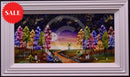 A Harbour Full of Dreams by Rozanne Bell — colourful harbour towers with crooked rooftops and three boats on violet-blue water beneath a bright full moon and sweeping pink, purple and turquoise skies, presented in a black frame