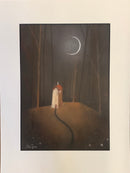 Moonlit Cottage by Shaun Tymon — white cottage with red-tiled roof deep in a bare winter wood, single window glowing at the top, crescent moon in a dark charcoal sky