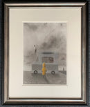 My Favourite Thing by Shaun Tymon — original charcoal and carbon pencil drawing of Bod, a small figure in a yellow mac and wellington boots, gazing wistfully up at a closed ice cream van at the seaside.