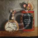 A framed painting depicting two mice in a still life scene, with one mouse beside a cut loaf of bread and the other perched on top of a red Heinz can labeled 'Cream of Tomato Soup.' The artwork is presented in a dark charcoal frame with a light mat.