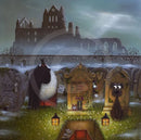 A whimsical fantasy illustration of a graveyard scene with tombstones, glowing lanterns, a small black cat, a sheep with a glowing heart, and a large dark castle in the misty background.