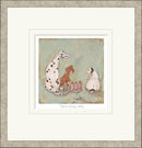 Framed artwork of a humorous scene with animals and cake