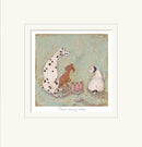 Mounted artwork with three dogs around a cake on a textured background