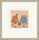 Framed artwork of two people walking with a dog in a bag