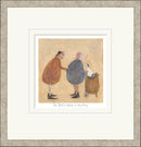 Framed illustration of two people and a dog with text on a beige background