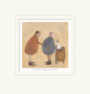 Mounted artwork of two people and their dog