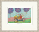 Framed artwork of a couple on a bicycle with a dog, surrounded by large purple trees.