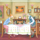 Tea for Three by Dotty Earl — elderly couple leaning over a floral tablecloth at tea, dog sitting at the table between them, cosy period dining room with mantelpiece and Tiffany lamp