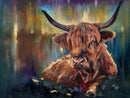 The Dark Is Rising by Rosie Smith — shaggy russet Highland cow with long upward-sweeping dark horns against deep blue-green shadows and streaks of gold, teal and violet light