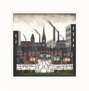 The Heart of the Town by Sean Durkin — people crossing a pale northern town square between red-brick shops, with children playing by the foreground railings and church spires, a clock tower and smoking mill chimneys behind
