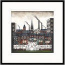 The Heart of the Town by Sean Durkin — people crossing a pale northern town square between red-brick shops, with children playing by the foreground railings and church spires, a clock tower and smoking mill chimneys behind