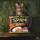 Where’s the Key by Anthony Marn — bright-eyed mouse perched on a colourful Spam tin on a wooden ledge against an olive-green background, in a stepped dark grey painted wood frame with a white inner slip