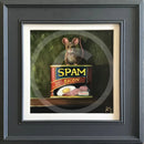 Where’s the Key by Anthony Marn — bright-eyed mouse perched on a colourful Spam tin on a wooden ledge against an olive-green background, in a stepped dark grey painted wood frame with a white inner slip