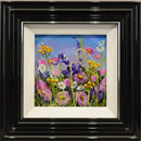 Wildflower Waltz by Rozanne Bell — pink, purple and yellow flowers with tall green stems against a blue and lilac background, presented in a glossy black frame with a cream inner slip