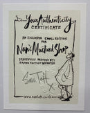 A printed authenticity certificate card for 'Nan's Mustard Shop' with black handwritten-style text and illustration on an off-white background, signed by Sam Toft and stamped with 'Santo Toft Authenticity Certificate'.