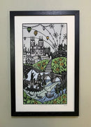 Framed artwork of York cityscape with Minster, river and bridge landmarks 