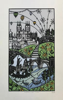Illustration of York cityscape with a cathedral, bridges, and hot air balloons.