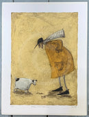 Another Small Wiggly Thing by Sam Toft — Mr Mustard in an ochre coat and striped hat looking down at a Small Wiggly Thing on the ground while an early, very portly Doris looks on