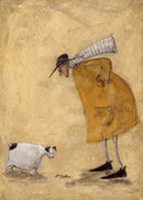 A whimsical painting of a person in a large mustard-yellow coat and striped scarf bending down toward a small white goat on a textured beige background.