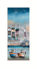 Painting of two boats on a dock with houses and a lighthouse under a starry sky.