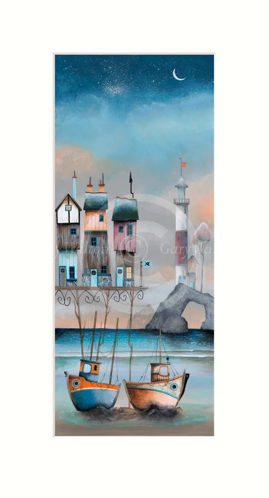 Painting of two boats on a dock with houses and a lighthouse under a starry sky.