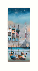 Painting of two boats on a dock with houses and a lighthouse under a starry sky.