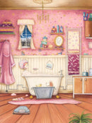  Bath Time by Dotty Earl — a figure in a shower cap relaxing in a roll-top bath in a pink polka-dot bathroom at night, her dog in a small tin tub in front with a rubber duck and bubbles on his head, bathroom scales on the floor, shelves of lotions, a chandelier and crescent moon through the window