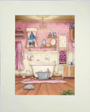  Bath Time by Dotty Earl — a figure in a shower cap relaxing in a roll-top bath in a pink polka-dot bathroom at night, her dog in a small tin tub in front with a rubber duck and bubbles on his head, bathroom scales on the floor, shelves of lotions, a chandelier and crescent moon through the window - mounted print