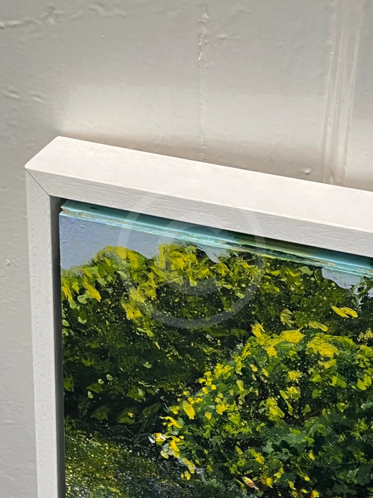 Framed in a White Wooden Tray frame with a shadow gap, featuring a painted wraparound effect on the edge of board, Beehives by Paul Freeman