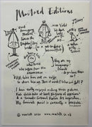 Art print titled 'Mustard Editions' featuring black ink sketches and notes on off-white paper, with illustrated figures and text