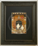 A Brother Betrayed Colour Edition Mounted Print. A ghost art print by Mark Braithwaite. Two ghosts floating in front of a stone door with a coat of arms above, in a gothic setting. The ghostly picture features St William’s College, York.