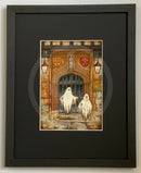 A Brother Betrayed Colour Edition Mounted Print. A ghost art print by Mark Braithwaite. Two ghosts floating in front of a stone door with a coat of arms above, in a gothic setting. The ghostly picture features St William’s College, York.