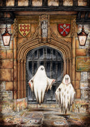A Brother Betrayed Colour Edition Mounted Print. A ghost art print by Mark Braithwaite. Two ghosts floating in front of a stone door with a coat of arms above, in a gothic setting. The ghostly picture features St William’s College, York.
