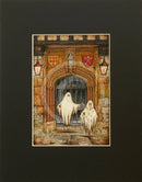 A Brother Betrayed Colour Edition Mounted Print. A ghost art print by Mark Braithwaite. Two ghosts floating in front of a stone door with a coat of arms above, in a gothic setting. The ghostly picture features St William’s College, York.