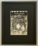 A Brother Betrayed Monochrome Edition Mounted Print. Black and white ghost art print by Mark Braithwaite. The ghostly picture features two ghosts outside St William’s College, York. Framed in Linear I black.