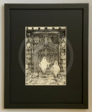 A Brother Betrayed Monochrome Edition Mounted Print. Black and white ghost art print by Mark Braithwaite. The ghostly picture features two ghosts outside St William’s College, York. Framed in Linear I black.