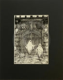 A Brother Betrayed Monochrome Edition Mounted Print. Black and white ghost art print by Mark Braithwaite. The ghostly picture features two ghosts outside St William’s College, York. 