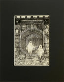 A Brother Betrayed Monochrome Edition Mounted Print. Black and white ghost art print by Mark Braithwaite. The ghostly picture features two ghosts outside St William’s College, York. 
