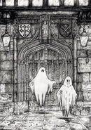Beneath the Sheets; A Brother Betrayed Monochrome Edition Mounted Print. Black and white ghost art print by Mark Braithwaite. The ghostly picture features two ghosts outside St William’s College, York. 
