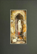 Beneath The Sheets; A Rebellious Spirit - Colour Edition mounted. A ghost art print of a spirit and his dog out side the historic Monk Bar in the haunted City of York by  M.J Braithwaite
